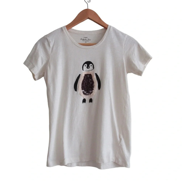 J Crew Penguin Collector Tee Size XXS Cream Short Sleeves Crewneck Sequins - Picture 1 of 10